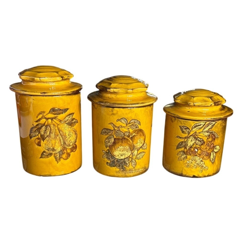 Vintage Holiday Designs Kitchen Canisters w Lid "Mustard Gold" Fruit MCM 60s USA